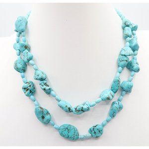 Dyed Turquoise Howlite Double Strand Silver Tone Necklace 18" Boho Southwestern